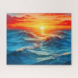 Sunset Sunrise Sundown Ocean Waves Nature Sea   Jigsaw Puzzle