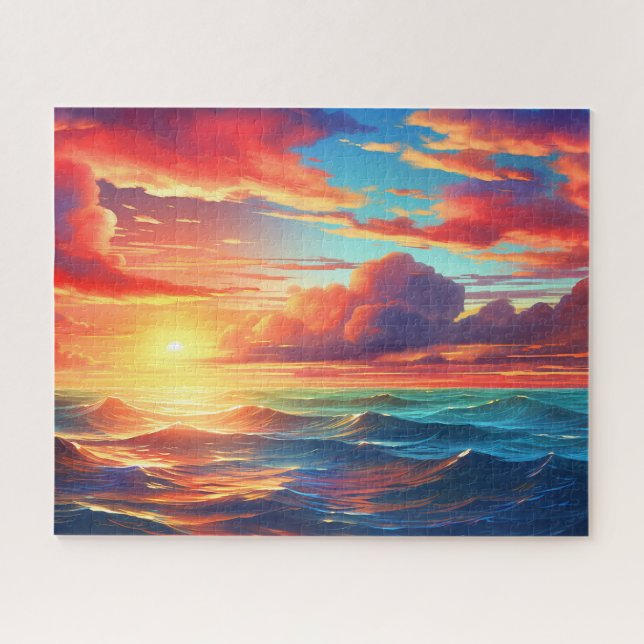 Sunset Sunrise Sundown Ocean Waves Nature Sea Jigsaw Puzzle (Horizontal)