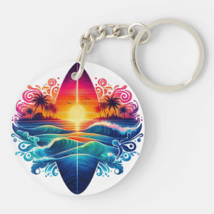 Sunset Surfboard Curls Keychain