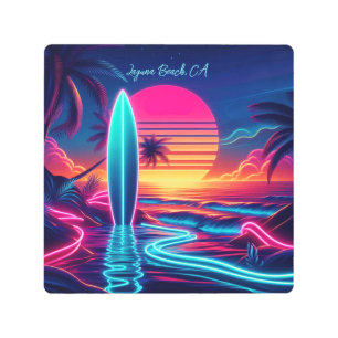 Sunset Surfboard Neon Lights- Metal Print