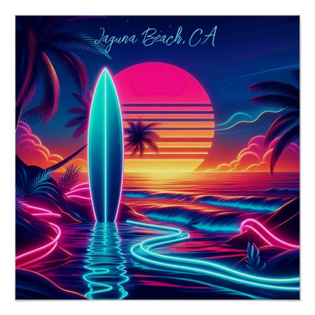 Sunset Surfboard Neon Lights- Poster (Front)