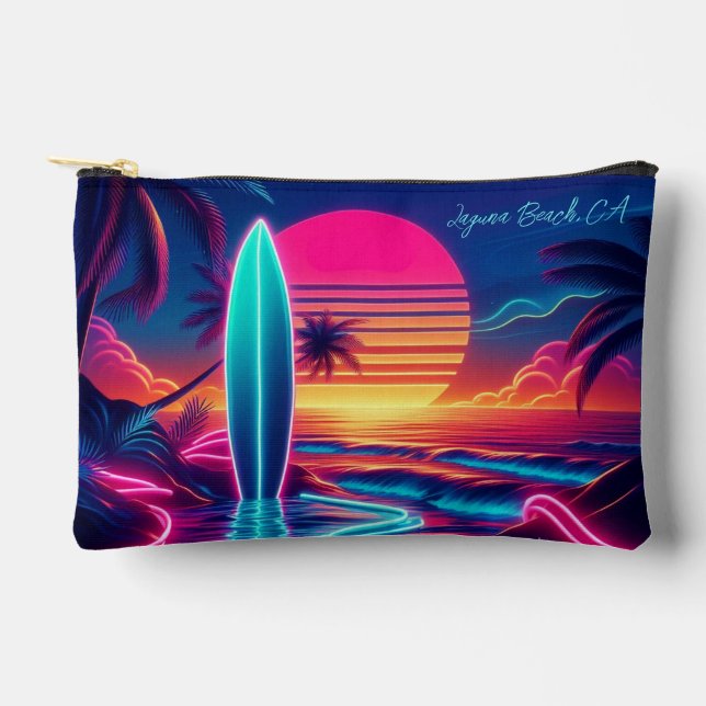 Sunset Surfboard Neon Lights Zippered Pouch (Front)