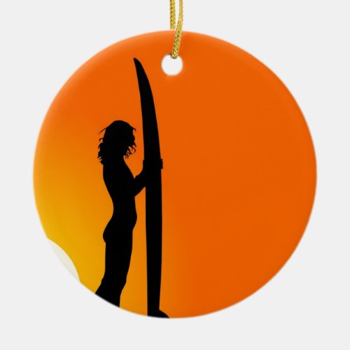 Sunset Surfer Girl with surfboard Ceramic Ornament
