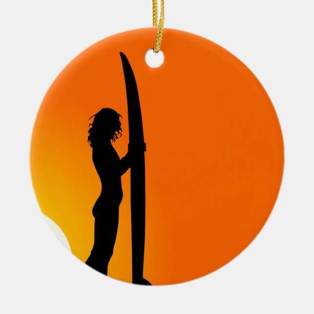 Sunset Surfer Girl with surfboard Ceramic Ornament (Front)