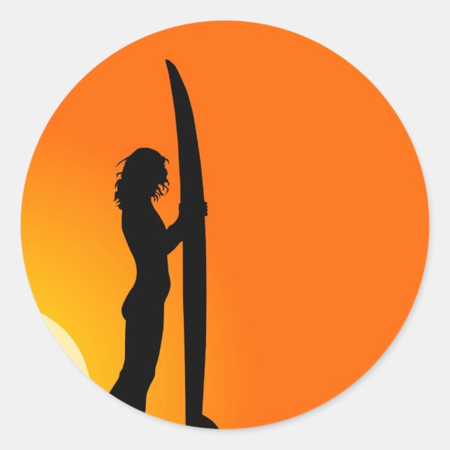 Sunset Surfer Girl with surfboard Classic Round Sticker (Front)