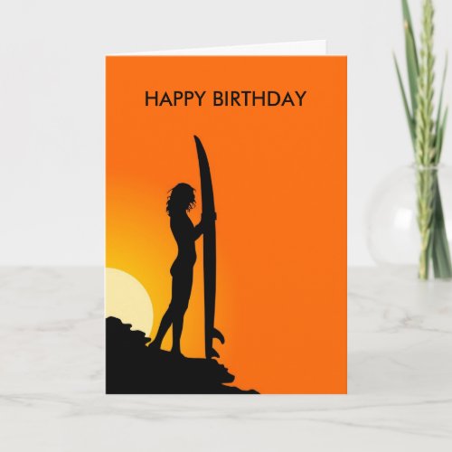 Sunset Surfer Girl with surfboard Happy Birthday Card