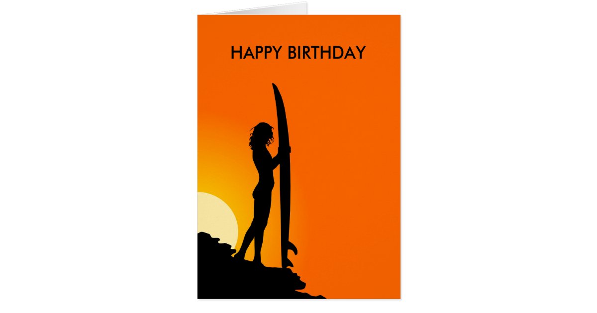 Sunset Surfer Girl with surfboard Happy Birthday Card ...