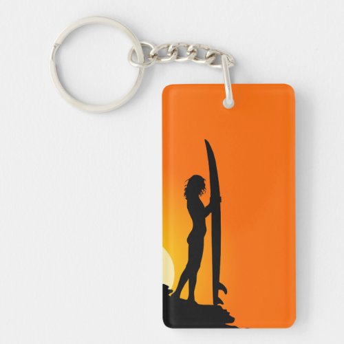 Sunset Surfer Girl with surfboard Keychain