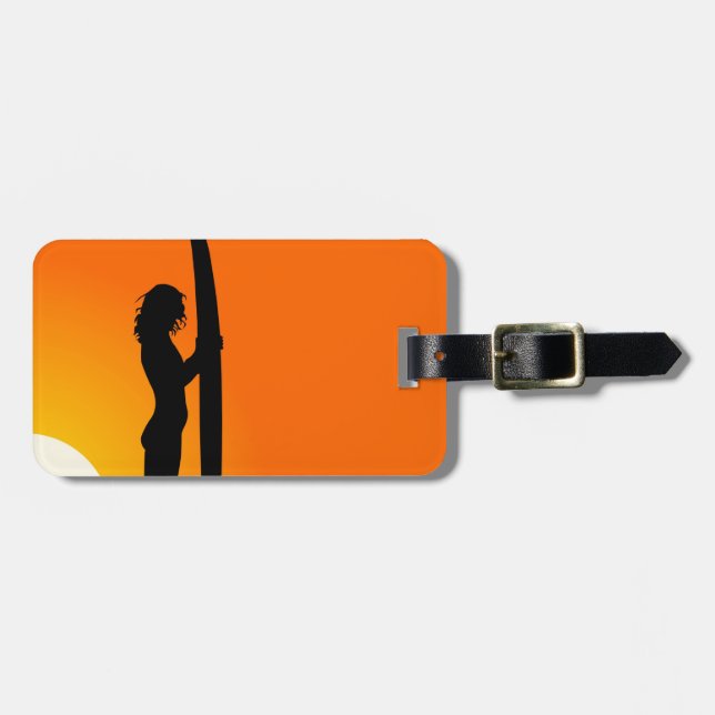 Sunset Surfer Girl with surfboard Luggage Tag (Front Horizontal)