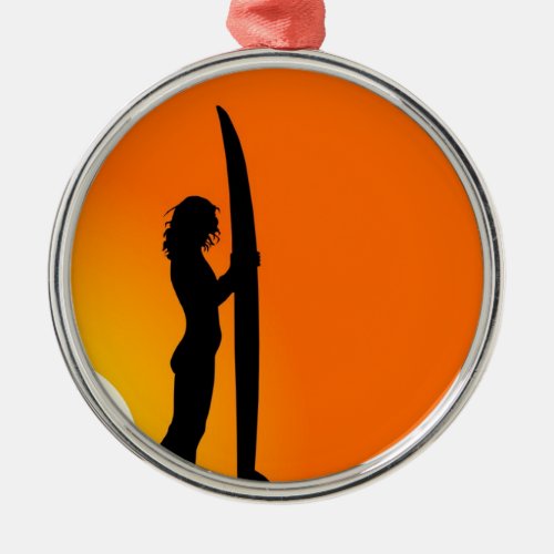 Sunset Surfer Girl with surfboard Metal Ornament