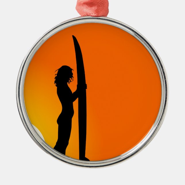 Sunset Surfer Girl with surfboard Metal Ornament (Front)