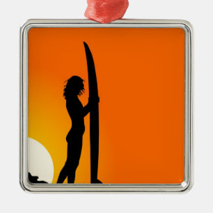 Sunset Surfer Girl with surfboard Metal Ornament