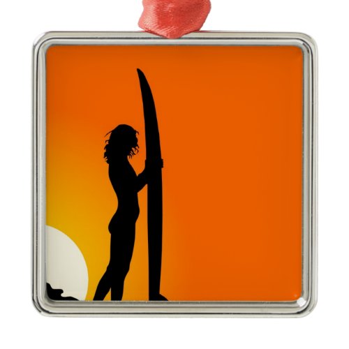 Sunset Surfer Girl with surfboard Metal Ornament