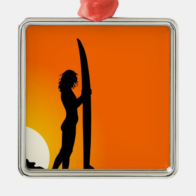 Sunset Surfer Girl with surfboard Metal Ornament (Front)