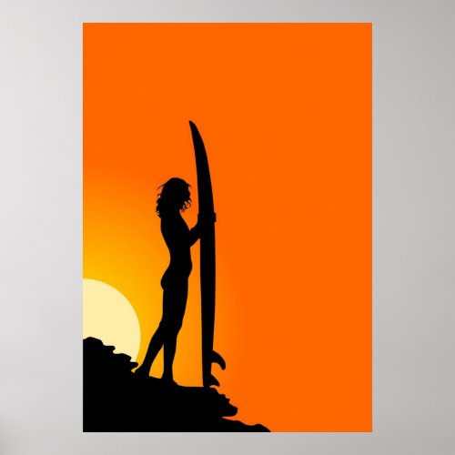 Sunset Surfer Girl with surfboard Poster