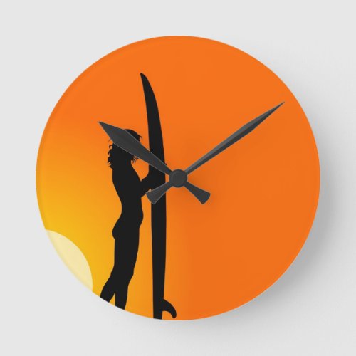 Sunset Surfer Girl with surfboard Round Clock