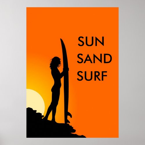 Sunset Surfer Girl with surfboard Sun Sand Surf Poster