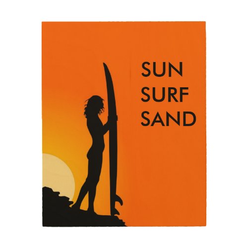 Sunset Surfer girl with surfboard Sun Surf Sand Wood Wall Art