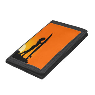 Sunset surfer girl with surfboard trifold wallet