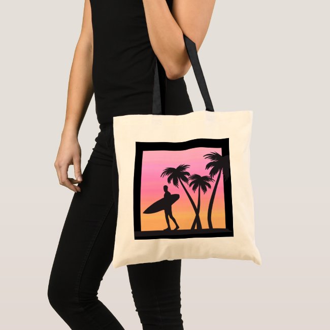Sunset Surfer in Black Silhouette Sports Tote Bag