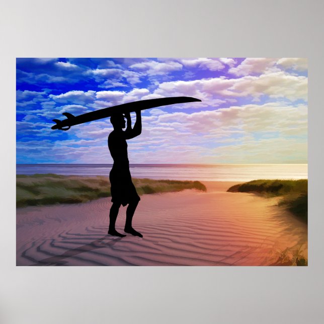 Sunset Surfer Sand and Clouds Poster (Front)
