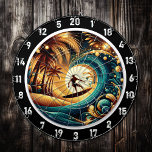 Sunset Surfer Wave Art Piece Dart Board<br><div class="desc">The "Sunset Surfer Wave Art Piece" is a stunning depiction of adventure and beauty, featuring a surfer riding a large wave with a glowing sunset in the background. This artwork is perfect for bringing the ocean’s energy and warmth into your game room, man cave, or dorm. The vibrant sunset contrasts...</div>