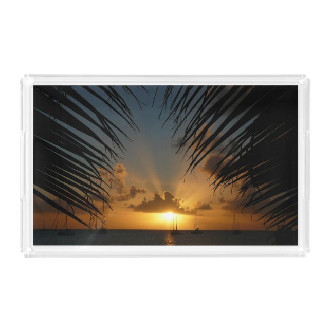 Sunset Through Palm Fronds Tropical Seascape Acrylic Tray (Front)
