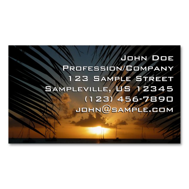 Sunset Through Palm Fronds Tropical Seascape Business Card Magnet (Front)