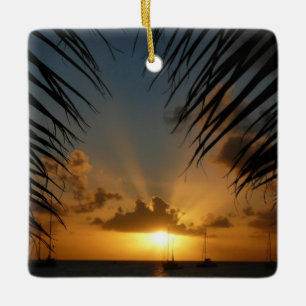 Sunset Through Palm Fronds Tropical Seascape Ceramic Ornament