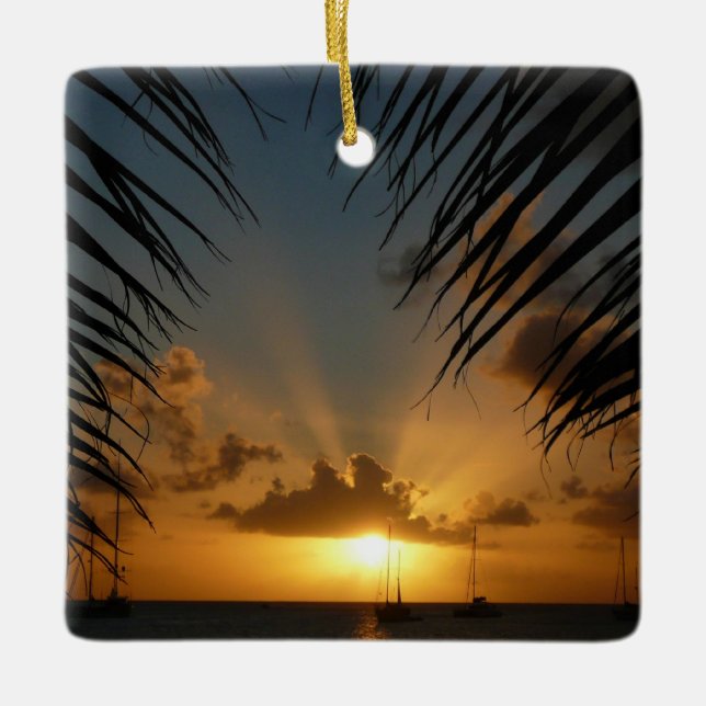 Sunset Through Palm Fronds Tropical Seascape Ceramic Ornament (Front)