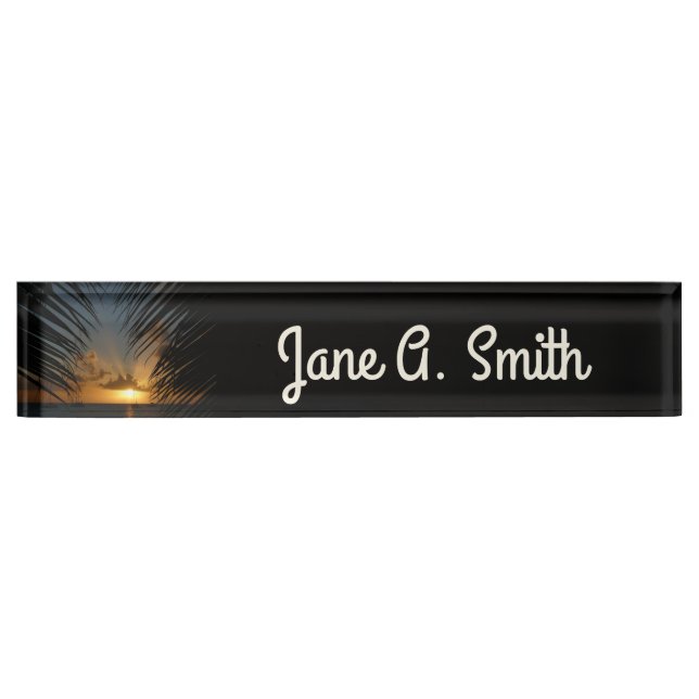 Sunset Through Palm Fronds Tropical Seascape Desk Name Plate (Front)