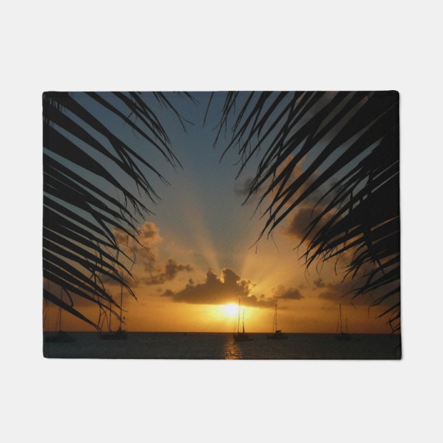 Sunset Through Palm Fronds Tropical Seascape Doormat (Front)