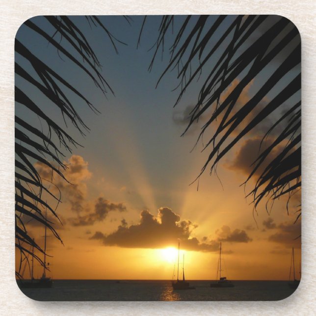 Sunset Through Palm Fronds Tropical Seascape Drink Coaster (Front)
