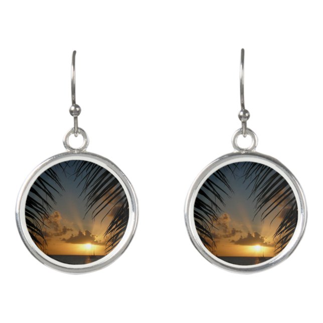 Sunset Through Palm Fronds Tropical Seascape Earrings (Front)