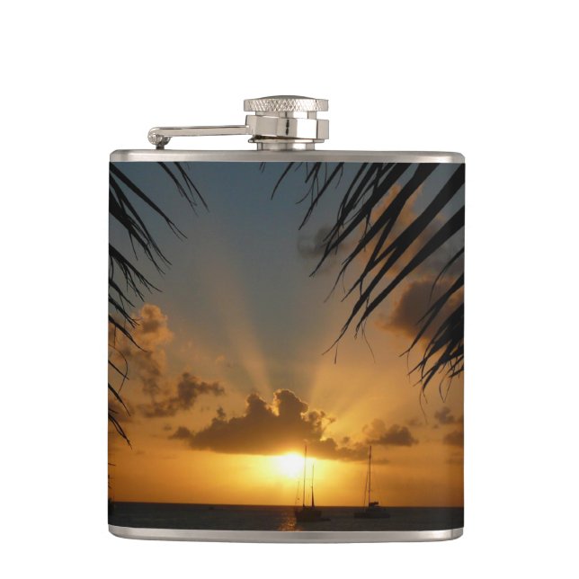 Sunset Through Palm Fronds Tropical Seascape Flask (Front)