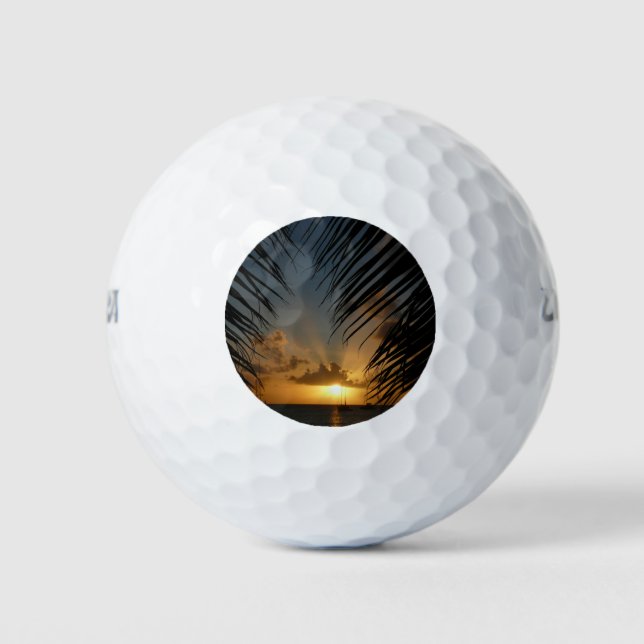 Sunset Through Palm Fronds Tropical Seascape Golf Balls (Front)