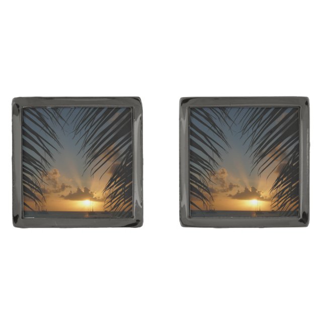 Sunset Through Palm Fronds Tropical Seascape Gunmetal Finish Cufflinks (Front)