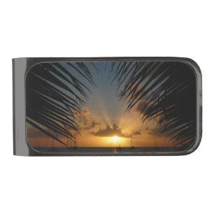 Sunset Through Palm Fronds Tropical Seascape Gunmetal Finish Money Clip