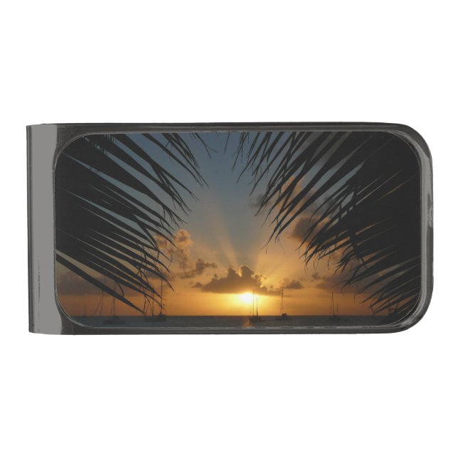 Sunset Through Palm Fronds Tropical Seascape Gunmetal Finish Money Clip (Front)