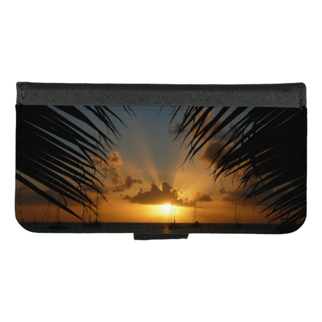 Sunset Through Palm Fronds Tropical Seascape iPhone Wallet Case (Front (Horizontal))