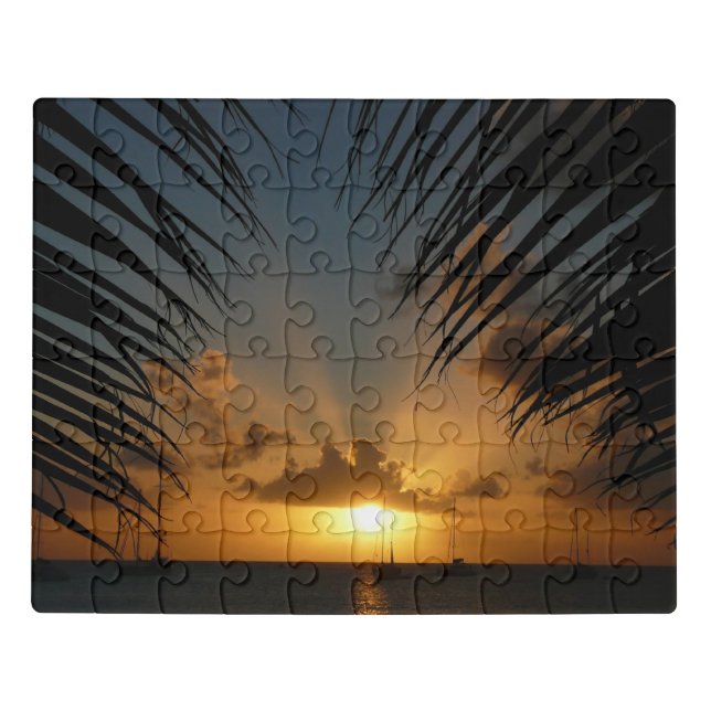 Sunset Through Palm Fronds Tropical Seascape Jigsaw Puzzle (Puzzle Horizontal)