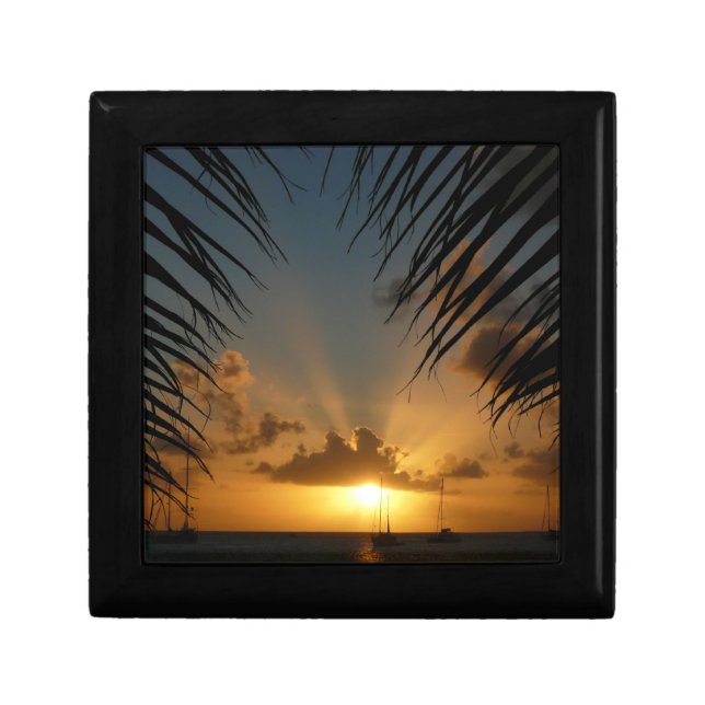 Sunset Through Palm Fronds Tropical Seascape Keepsake Box (Front)