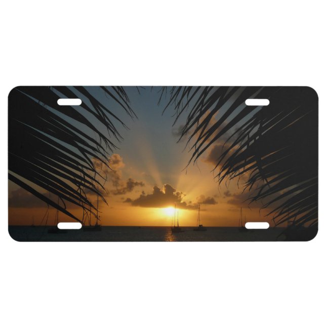 Sunset Through Palm Fronds Tropical Seascape License Plate (Front)