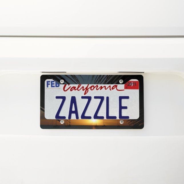 Sunset Through Palm Fronds Tropical Seascape License Plate Frame (On Car)