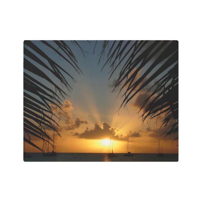 Sunset Through Palm Fronds Tropical Seascape Metal Print (Front)