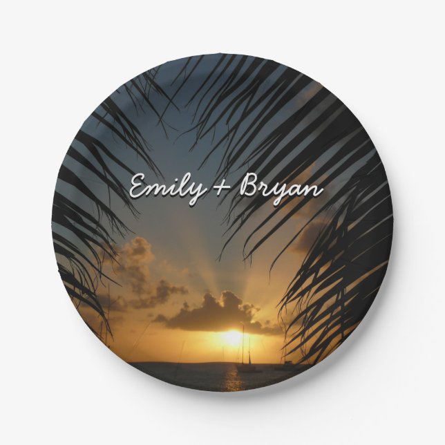 Sunset Through Palm Fronds Tropical Seascape Paper Plates (Front)