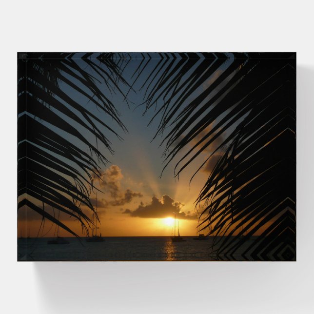 Sunset Through Palm Fronds Tropical Seascape Paperweight (Front)