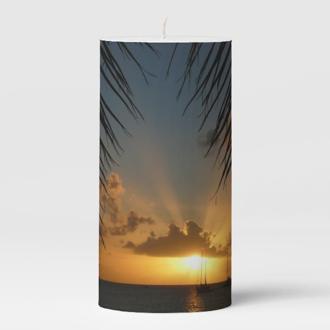 Sunset Through Palm Fronds Tropical Seascape Pillar Candle (Front)