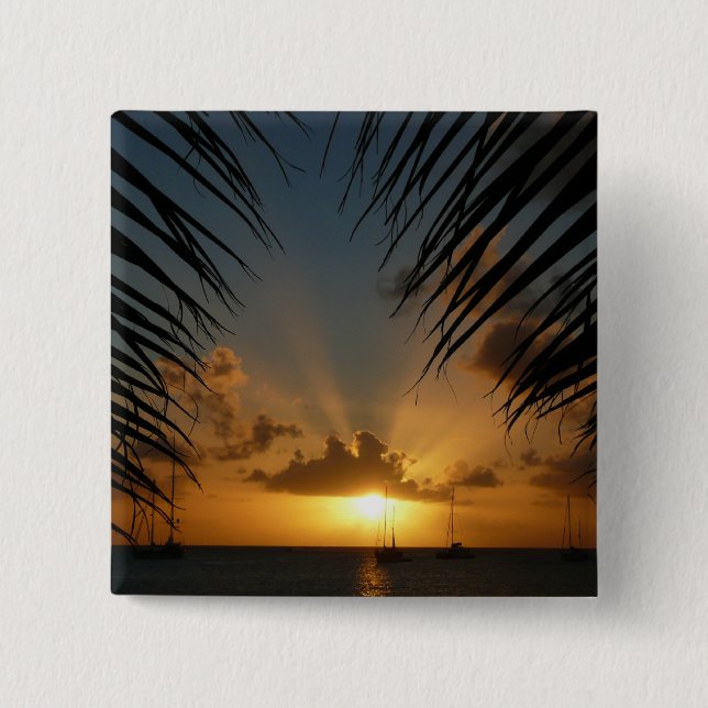 Sunset Through Palm Fronds Tropical Seascape Pinback Button (Front)