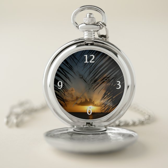 Sunset Through Palm Fronds Tropical Seascape Pocket Watch (Inside)